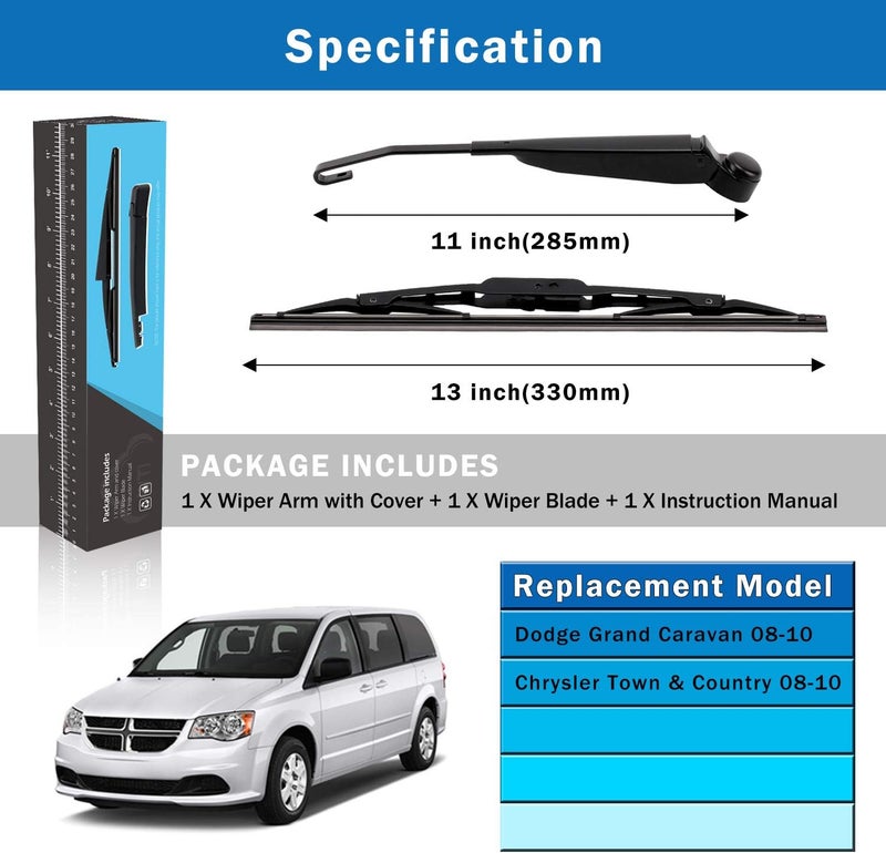 WTI Rear Wiper Arm Blade Set Compatible With Dodge Grand Caravan 2008-2010 / Compatible With Chrysler Town & Country 2008-2010 minivan Rear Windshield Window Wiper Kits Assembly New Replacement - Image 5